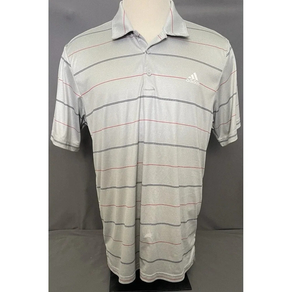 ADIDAS Golf Polo Shirt Men's Size XL Silver Grey Striped Activewear Short Sleeve